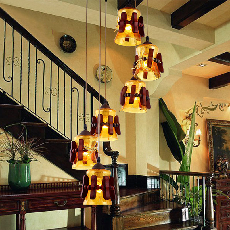 Bell Yellow Crackle Glass Cluster Pendant Classic 6 Lights Restaurant Wood Hanging Ceiling Light in Brown