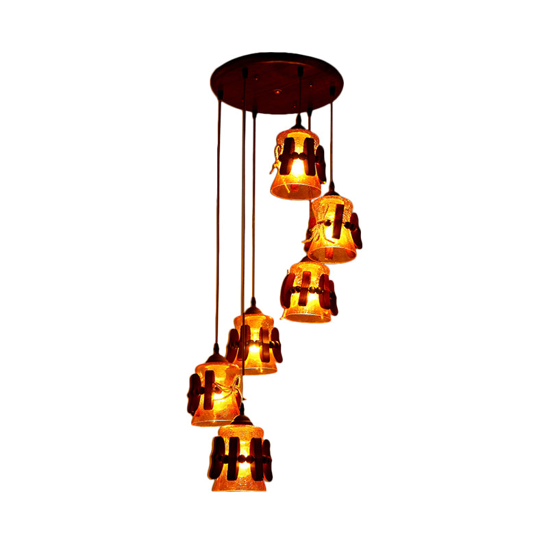 Bell Yellow Crackle Glass Cluster Pendant Classic 6 Lights Restaurant Wood Hanging Ceiling Light in Brown