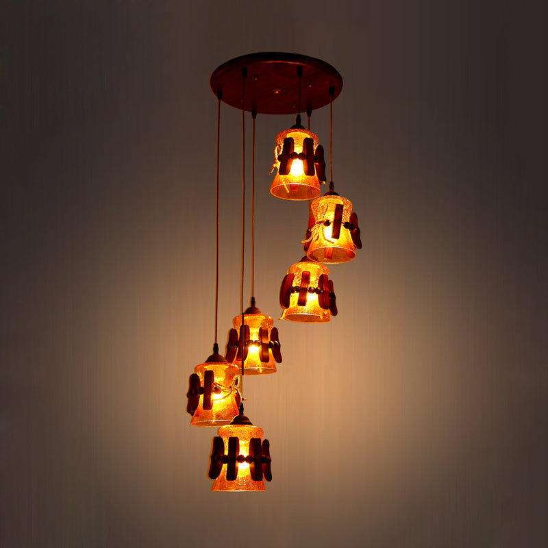 Bell Yellow Crackle Glass Cluster Pendant Classic 6 Lights Restaurant Wood Hanging Ceiling Light in Brown