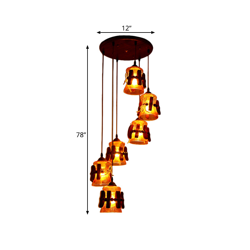 Bell Yellow Crackle Glass Cluster Pendant Classic 6 Lights Restaurant Wood Hanging Ceiling Light in Brown