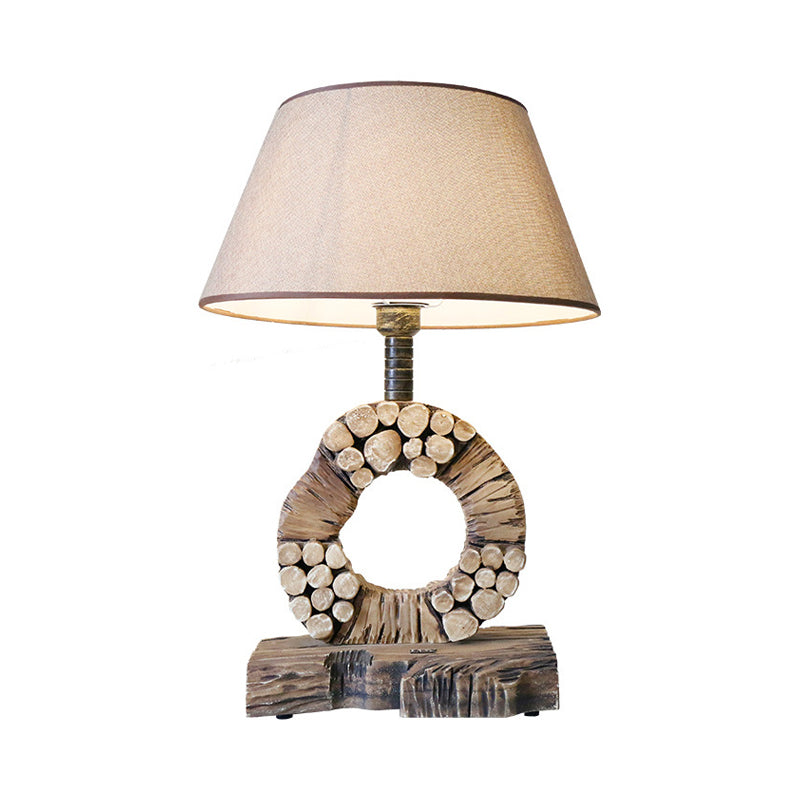 Classic Tapered Night Table Light 1 Light Fabric Nightstand Lighting in Brown with Wood Base