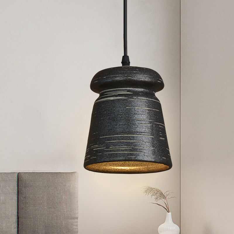 1-Head Cylinder/Urn Hanging Pendant Industrial Style Black Ceramic Suspension Light for Restaurant