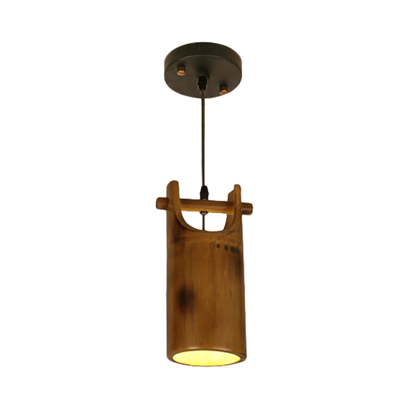 1 Light Hanging Pendant Light Farm Dining Room Ceiling Lamp with Barrel Bamboo Shade in Brown