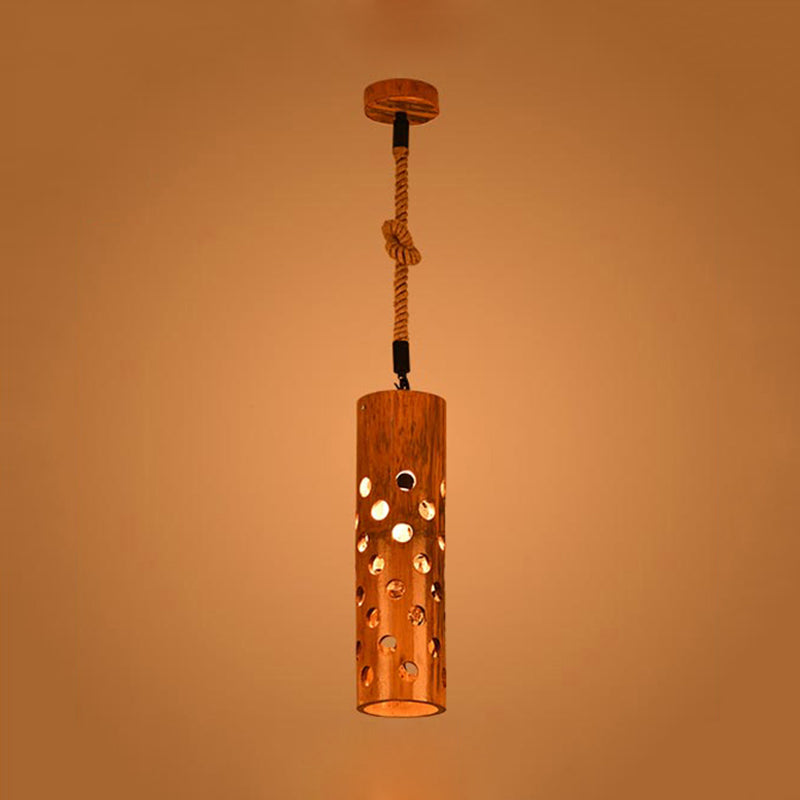 1 Light Rope Pendant Lamp Loft Flute Bamboo Hanging Ceiling Light in Brown with Hollow-out Design