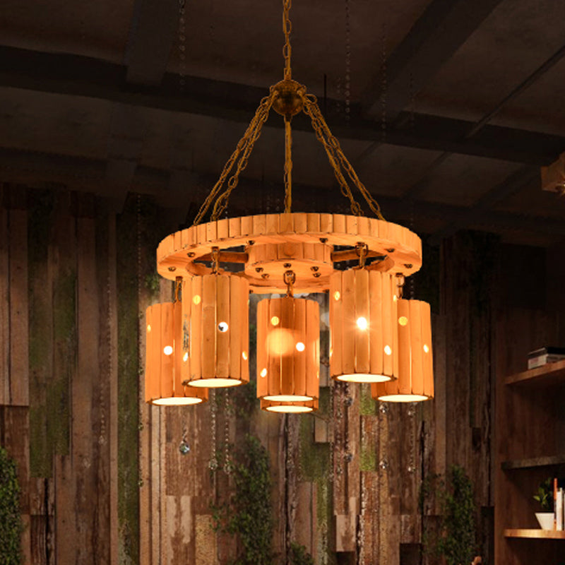 Beige Etched Cylinder Hanging Chandelier Farmhouse Bamboo 6 Lights Restaurant Suspension Light with Wheel Design