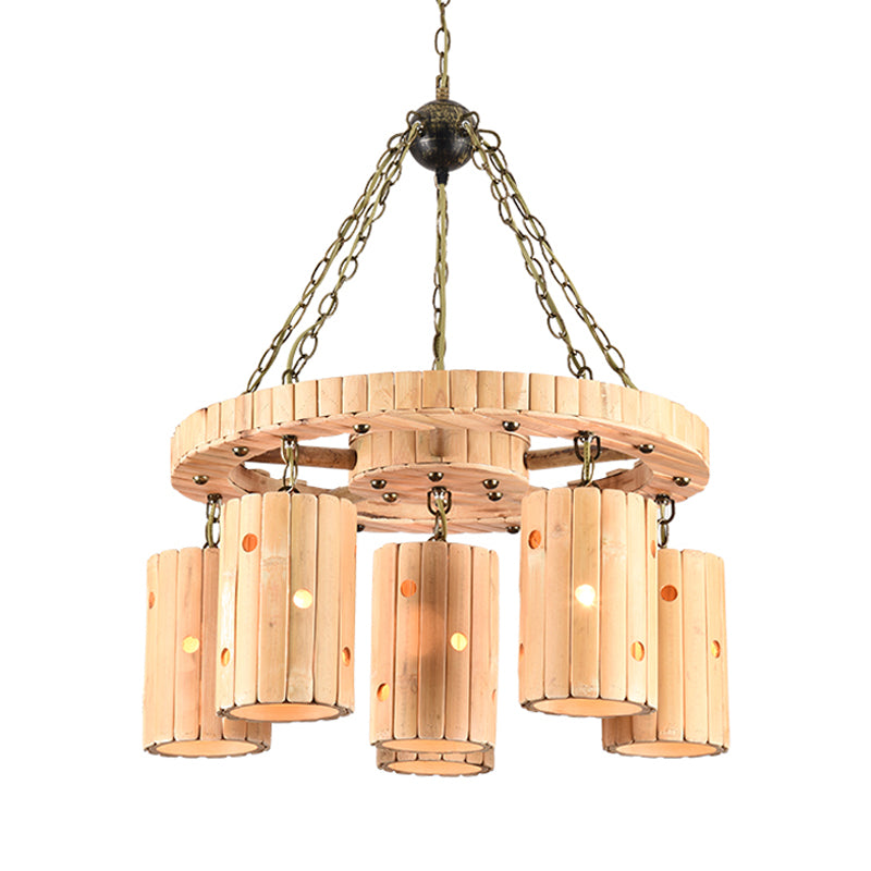 Cylindre gravé beige suspendu à la ferme de lustre Bamboo 6 lumières Lumières de suspension de restaurant avec conception de roues