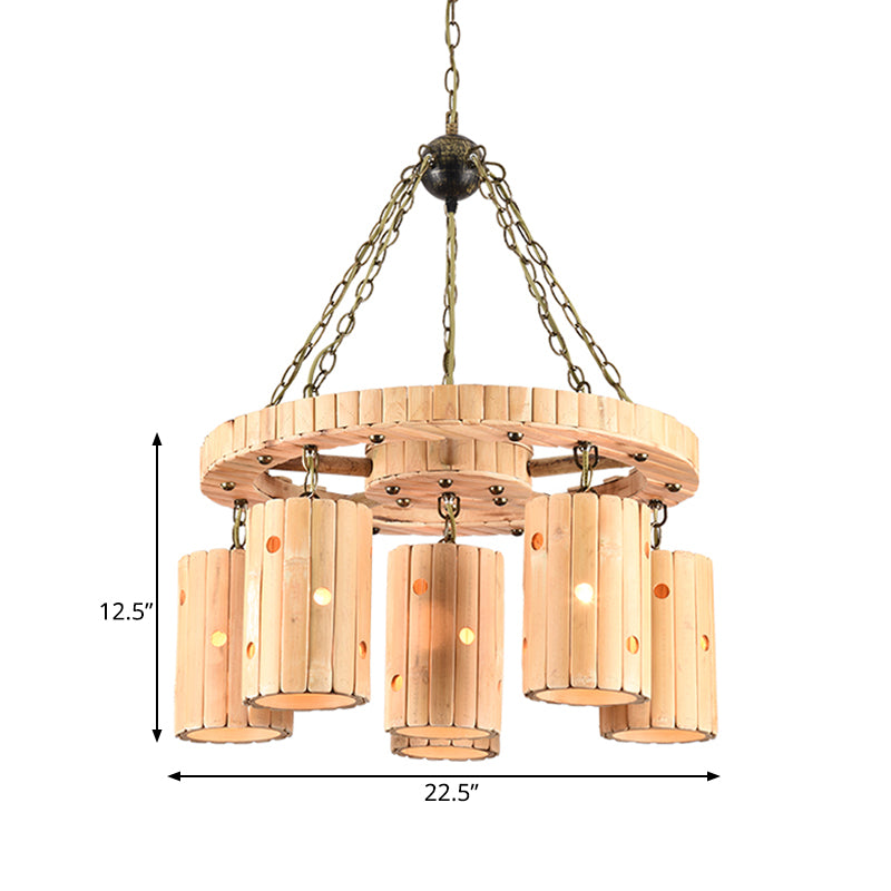 Cylindre gravé beige suspendu à la ferme de lustre Bamboo 6 lumières Lumières de suspension de restaurant avec conception de roues