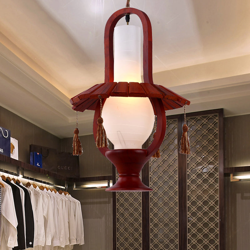 Kerosene Opal Glass Hanging Light Fixture Retro Style 1-Bulb Dining Room Ceiling Lamp in Red Brown with Wood Frame