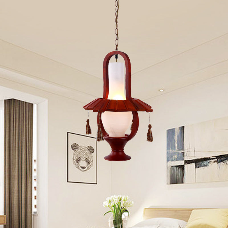 Kerosene Opal Glass Hanging Light Fixture Retro Style 1-Bulb Dining Room Ceiling Lamp in Red Brown with Wood Frame