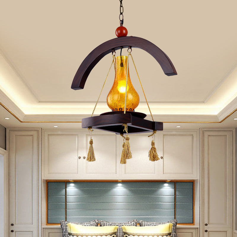 1 Head Drop Pendant Factory Kerosene Yellow Crackle Glass Hanging Lamp with Wood Tray Design