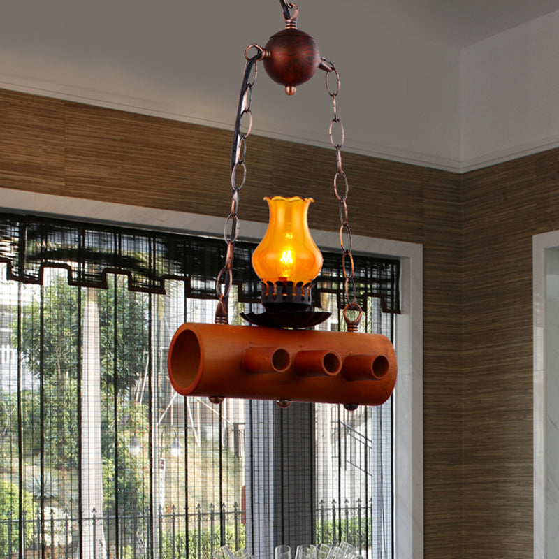 Vase Dining Room Pendant Ceiling Light Farm Yellow Glass 1 Light Brown Hanging Lighting with Linear Bamboo Beam