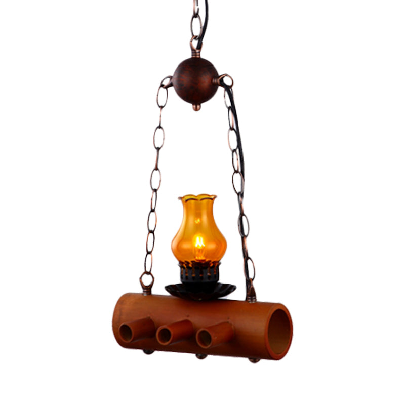 Vase Dining Room Pendant Plafond Light Ferme jaune Verre 1 Éclairage suspendu marron clair avec poutre en bambou linéaire