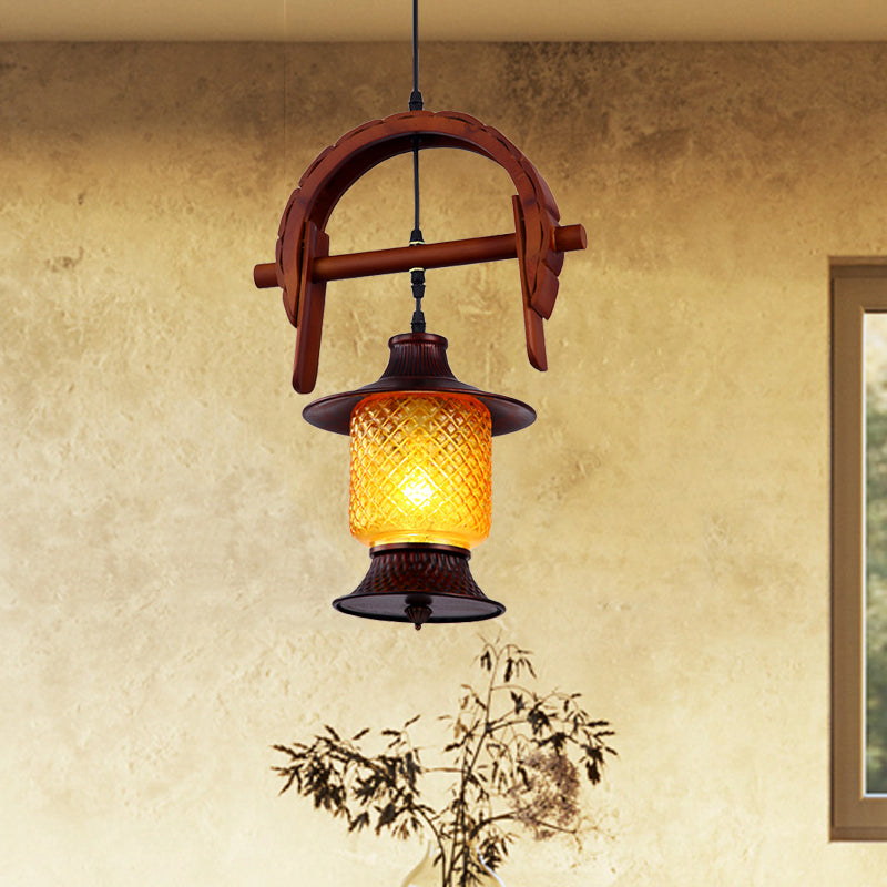 Factory Cylinder Hanging Lamp 1 Light Yellow Grid Glass Pendant Light Fixture in Copper with Wood Curved Frame