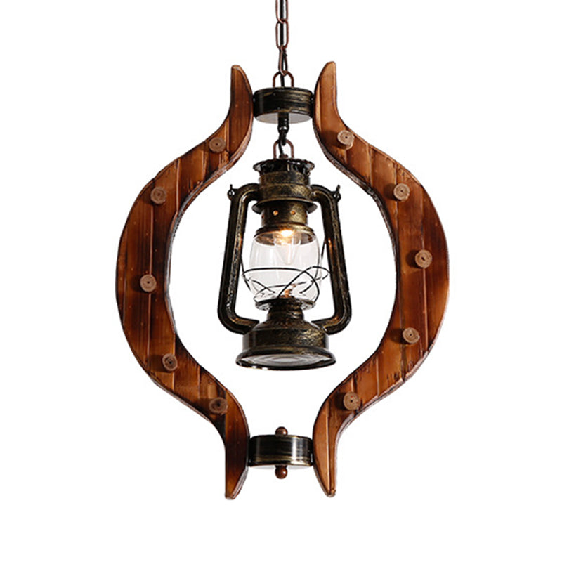 1 Light Lantern Iron Hanging Lighting Warehouse Brass Clear Glass Pendant Lamp with Wood Frame