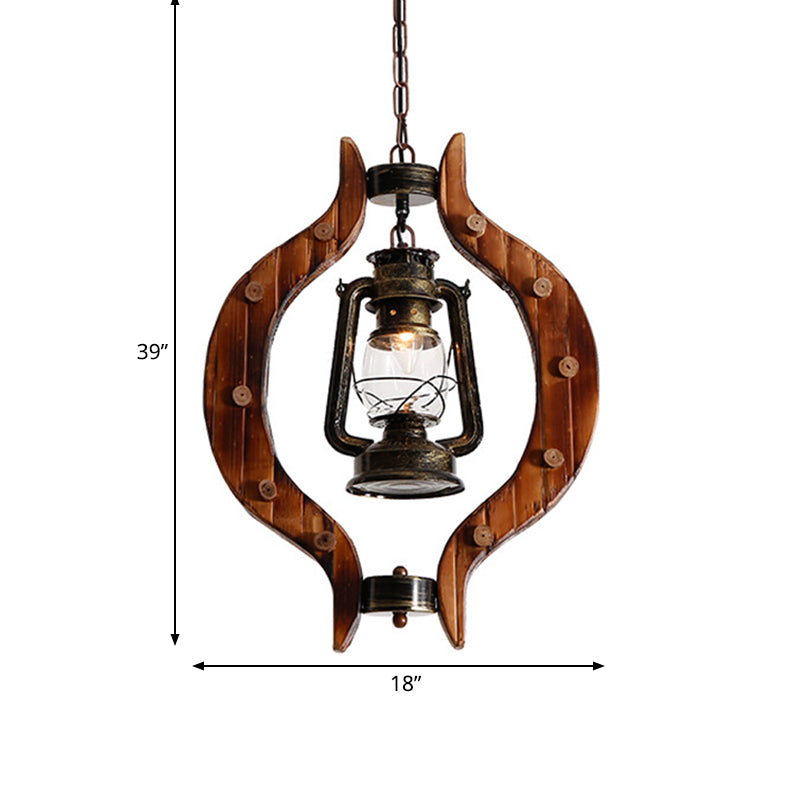 1 Light Lantern Iron Hanging Lighting Warehouse Brass Clear Glass Pendant Lamp with Wood Frame