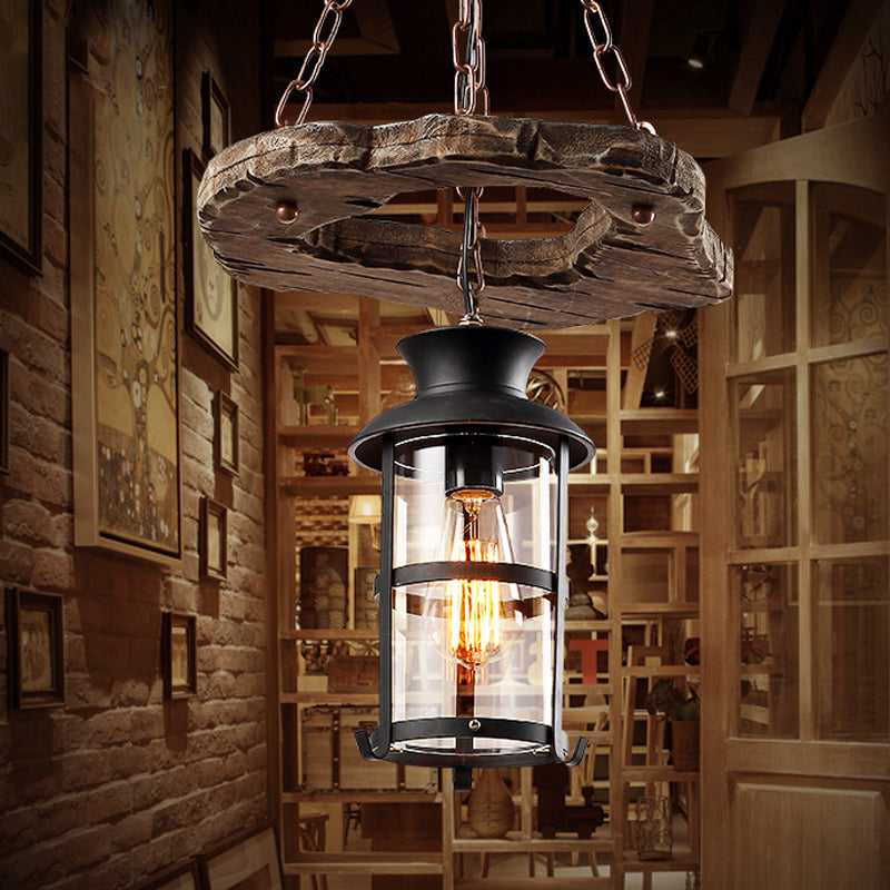 Cylinder Clear Glass Drop Pendant Loft 1-Head Dining Room Suspension Light in Black with Wood Circle Deco