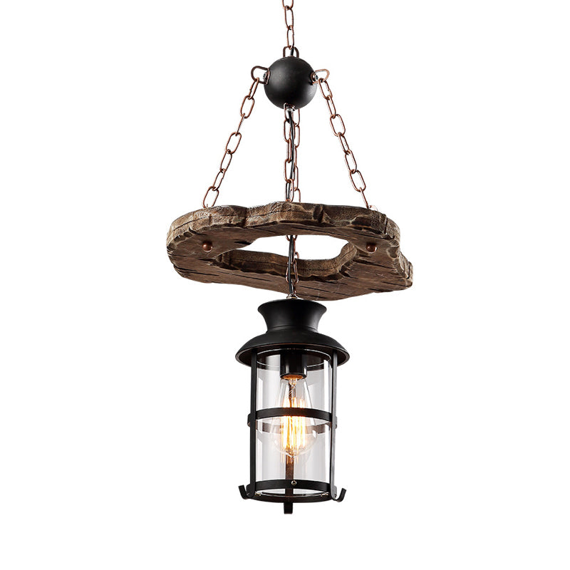 Cylinder Clear Glass Drop Pendant Loft 1-Head Dining Room Suspension Light in Black with Wood Circle Deco