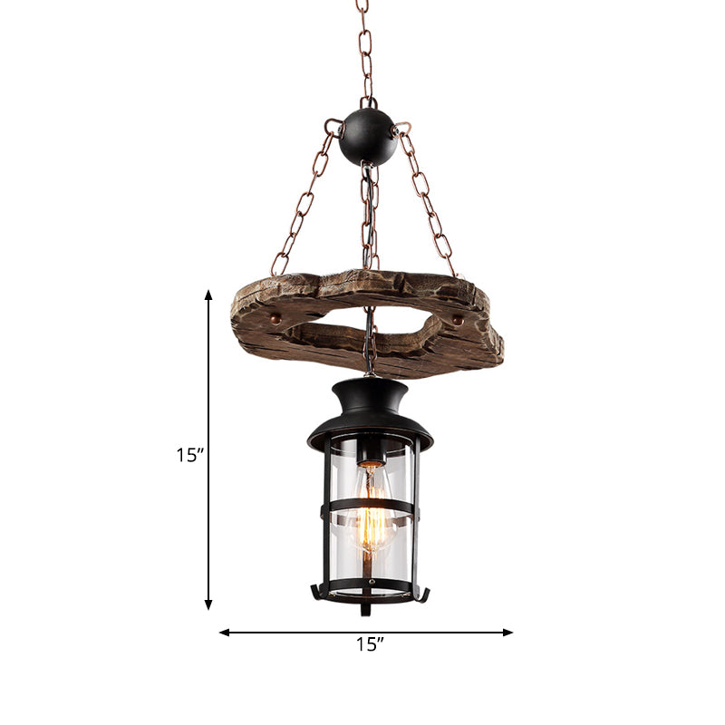 Cylinder Clear Glass Drop Pendant Loft 1-Head Dining Room Suspension Light in Black with Wood Circle Deco