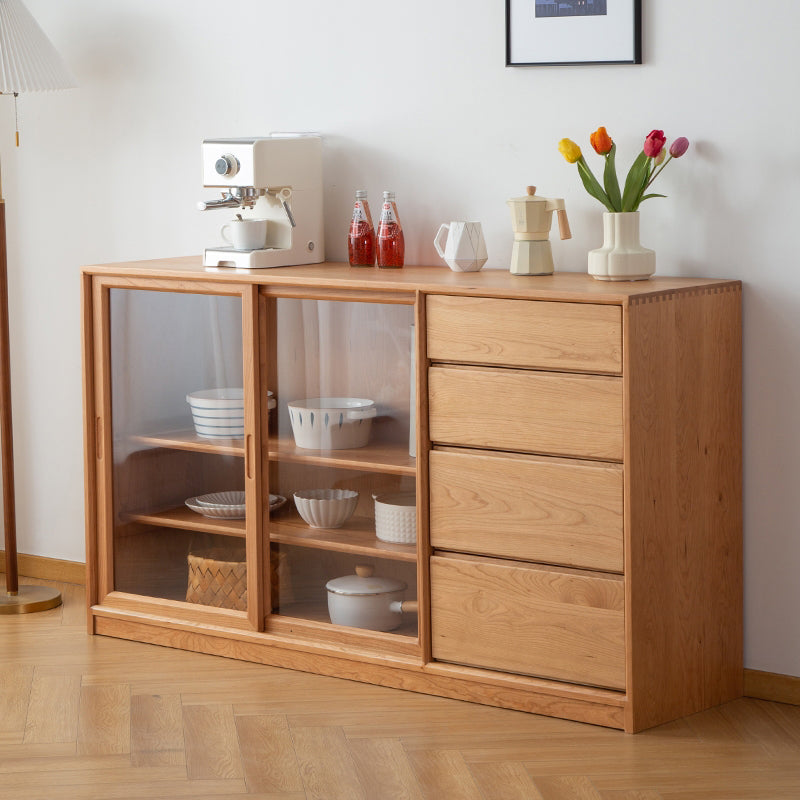 Modern Brown Glass Doors Sideboard Solid Wood Buffet Table with 4 Drawers