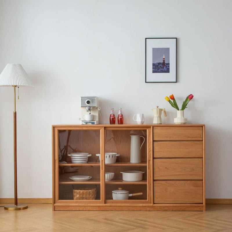 Modern Brown Glass Doors Sideboard Solid Wood Buffet Table with 4 Drawers