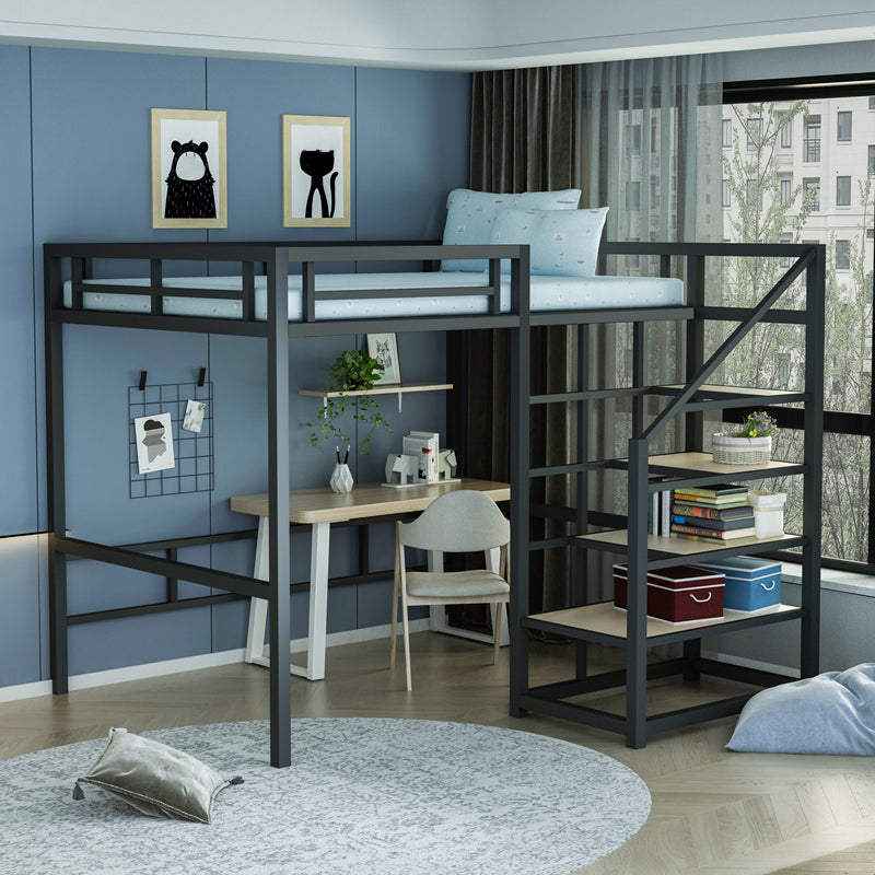 Contemporary Iron Frame Loft Bed with 3 Shelves and Staircase