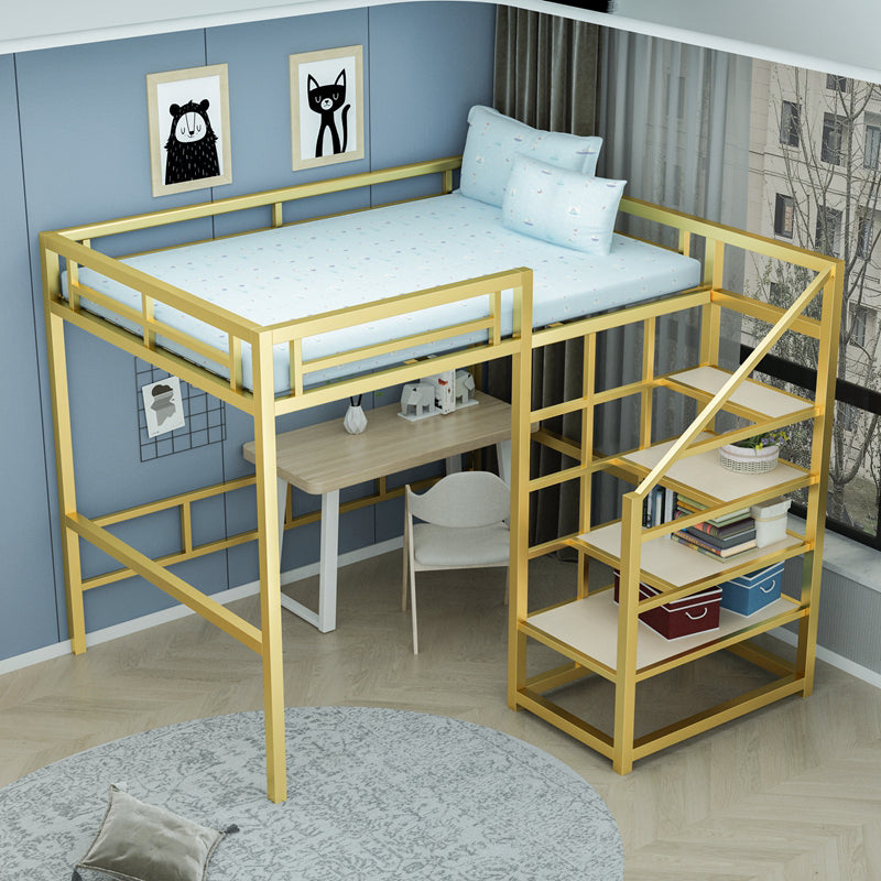 Contemporary Iron Frame Loft Bed with 3 Shelves and Staircase