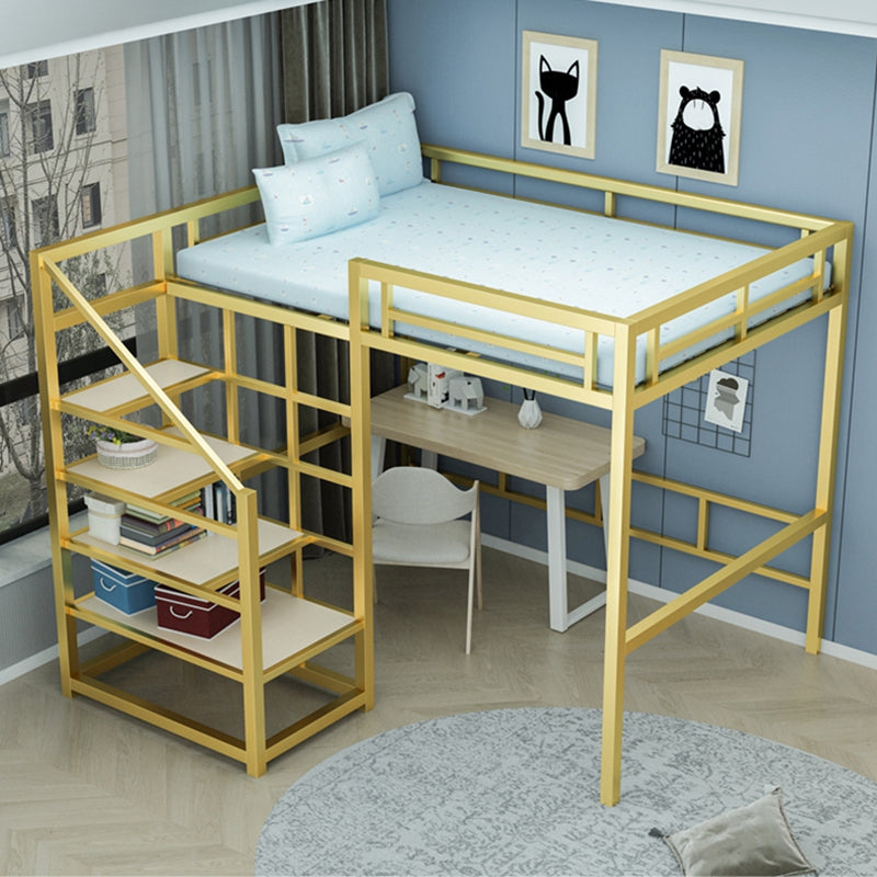 Contemporary Iron Frame Loft Bed with 3 Shelves and Staircase