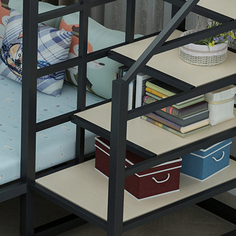 Contemporary Iron Frame Loft Bed with 3 Shelves and Staircase