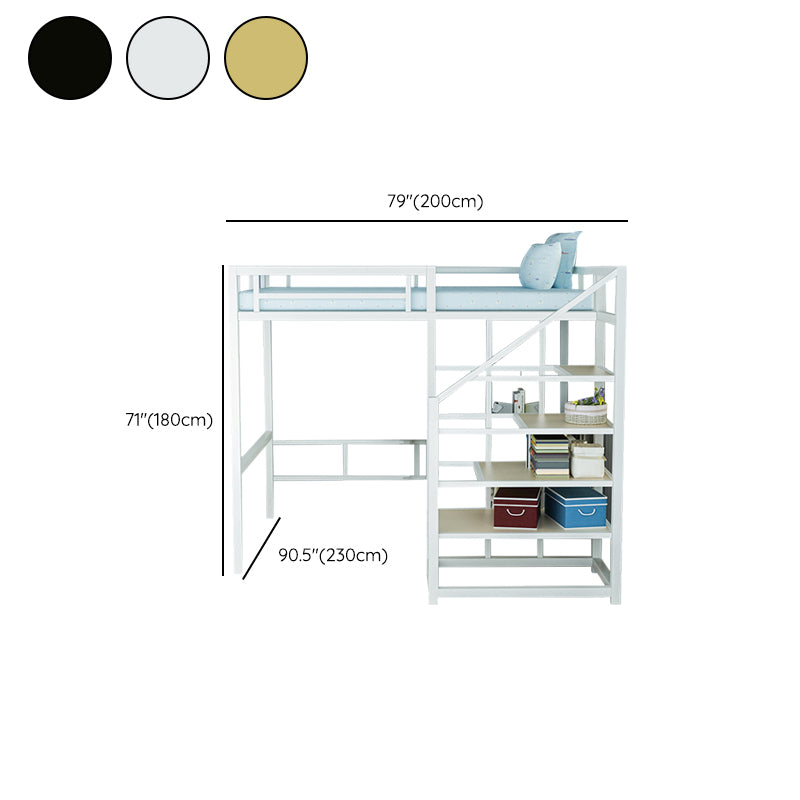 Contemporary Iron Frame Loft Bed with 3 Shelves and Staircase