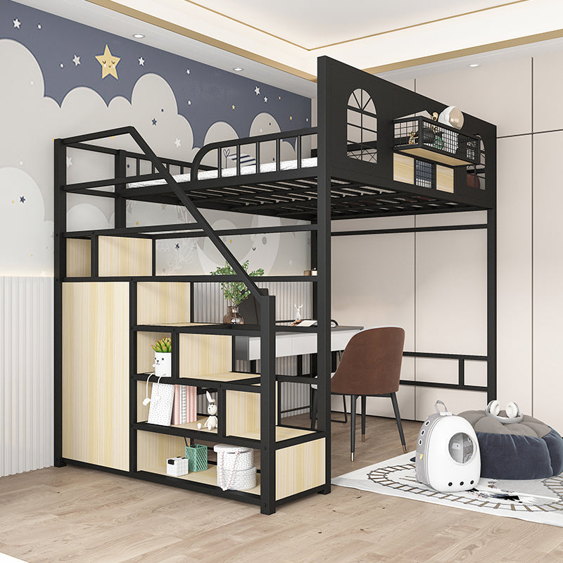 Contemporary Iron Frame Loft Bed with Guardrails and Staircase/Built-In Ladder