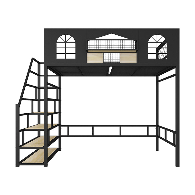 Contemporary Iron Frame Loft Bed with Guardrails and Staircase/Built-In Ladder