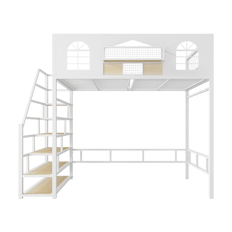 Contemporary Iron Frame Loft Bed with Guardrails and Staircase/Built-In Ladder