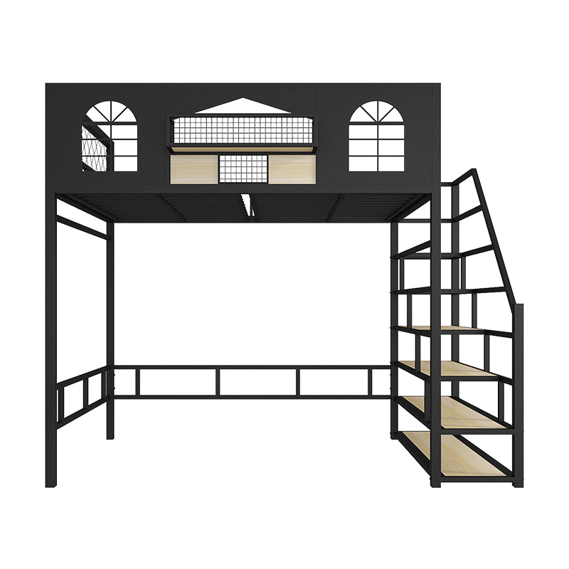 Contemporary Iron Frame Loft Bed with Guardrails and Staircase/Built-In Ladder