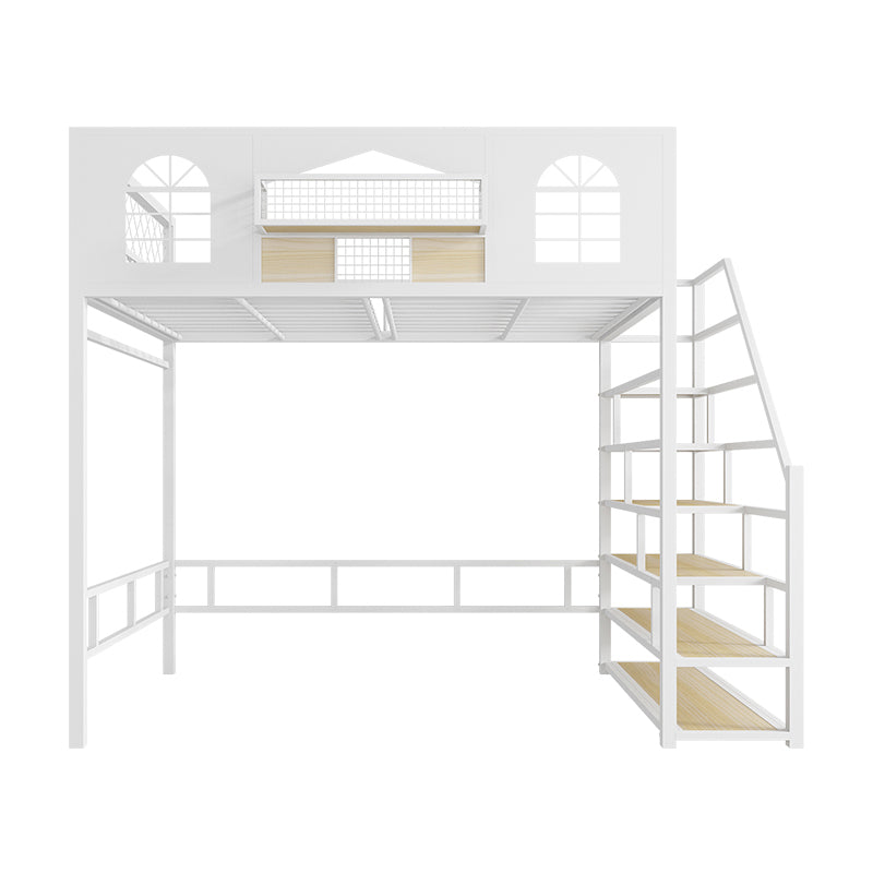 Contemporary Iron Frame Loft Bed with Guardrails and Staircase/Built-In Ladder