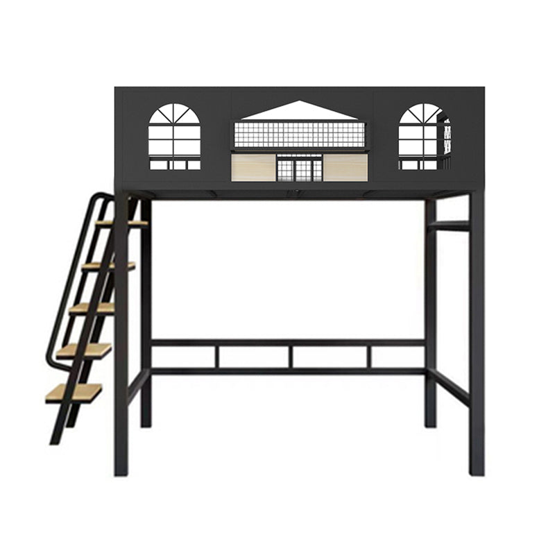 Contemporary Iron Frame Loft Bed with Guardrails and Staircase/Built-In Ladder