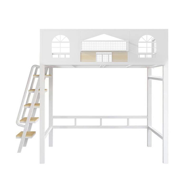 Contemporary Iron Frame Loft Bed with Guardrails and Staircase/Built-In Ladder