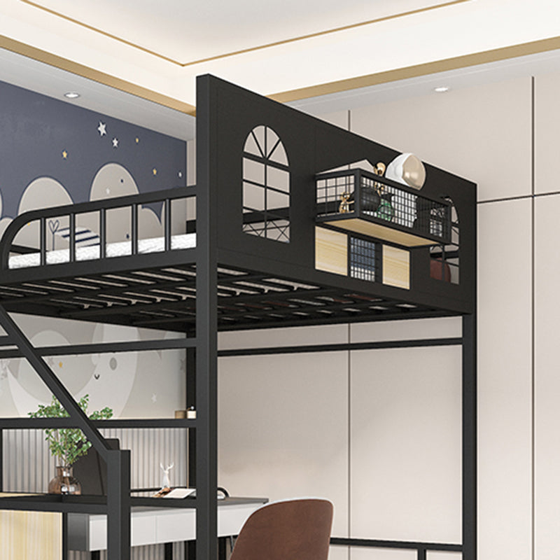 Contemporary Iron Frame Loft Bed with Guardrails and Staircase/Built-In Ladder