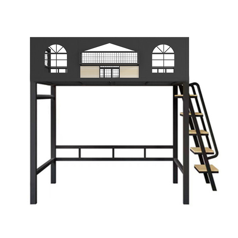 Contemporary Iron Frame Loft Bed with Guardrails and Staircase/Built-In Ladder