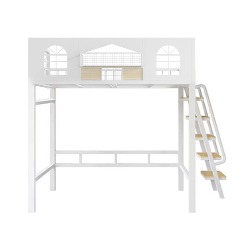 Contemporary Iron Frame Loft Bed with Guardrails and Staircase/Built-In Ladder