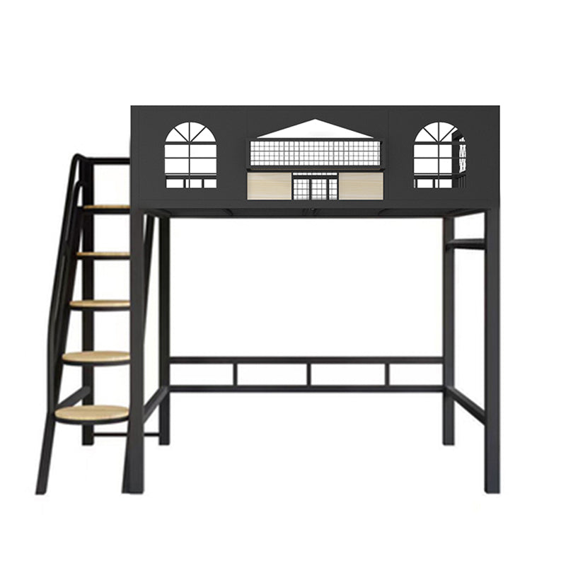 Contemporary Iron Frame Loft Bed with Guardrails and Staircase/Built-In Ladder