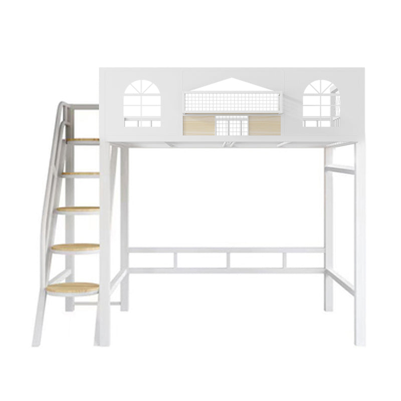 Contemporary Iron Frame Loft Bed with Guardrails and Staircase/Built-In Ladder