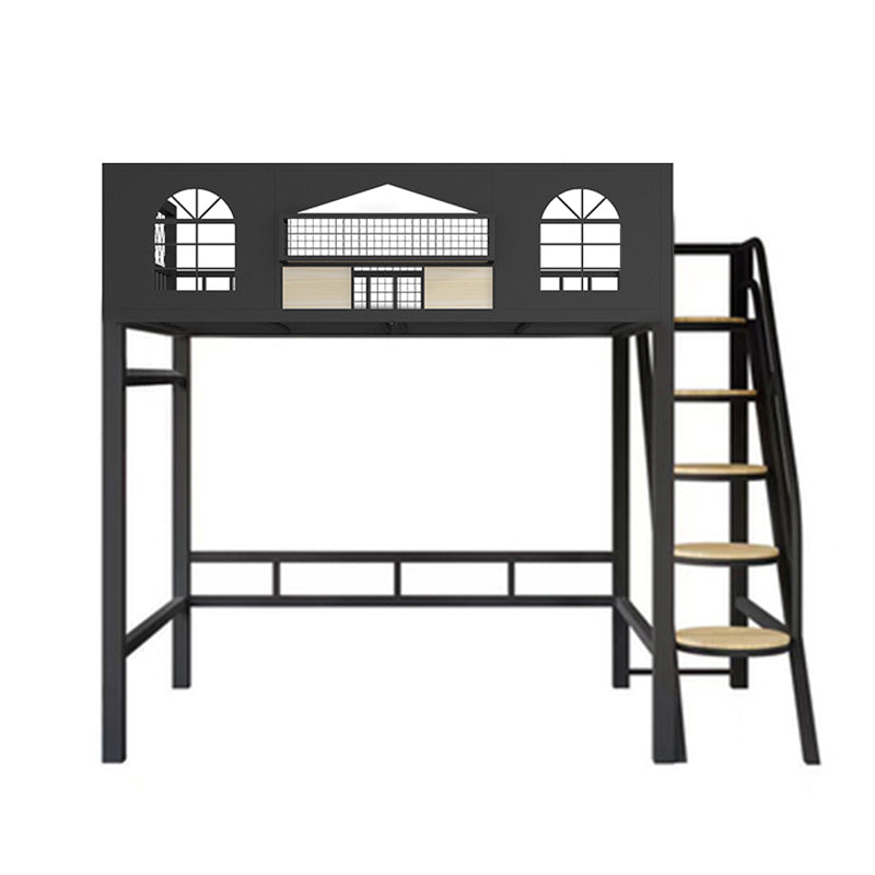 Contemporary Iron Frame Loft Bed with Guardrails and Staircase/Built-In Ladder