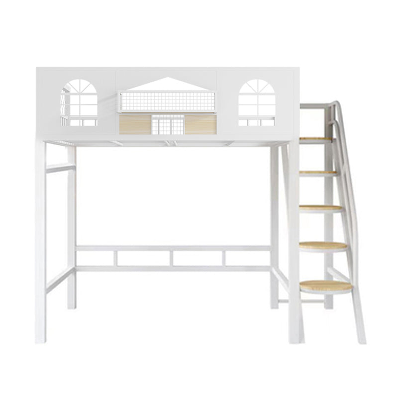 Contemporary Iron Frame Loft Bed with Guardrails and Staircase/Built-In Ladder