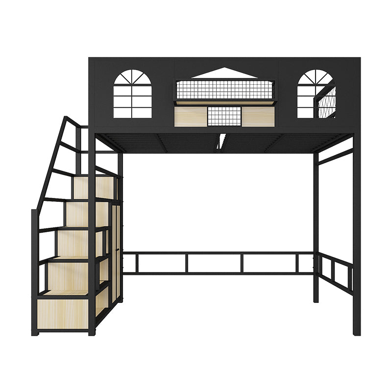 Contemporary Iron Frame Loft Bed with Guardrails and Staircase/Built-In Ladder