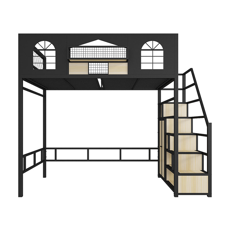 Contemporary Iron Frame Loft Bed with Guardrails and Staircase/Built-In Ladder