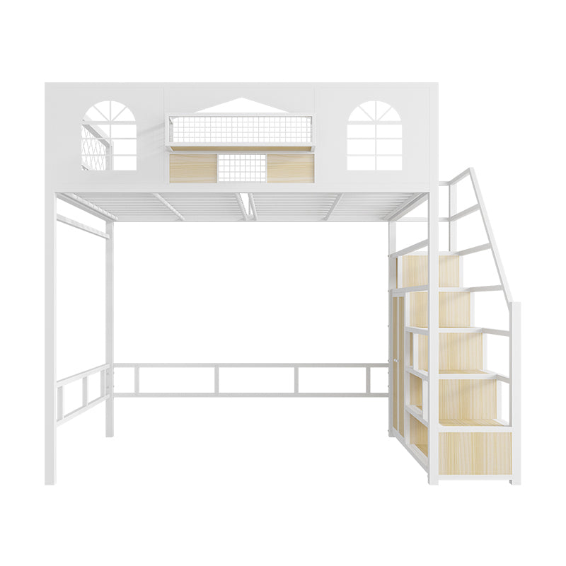 Contemporary Iron Frame Loft Bed with Guardrails and Staircase/Built-In Ladder