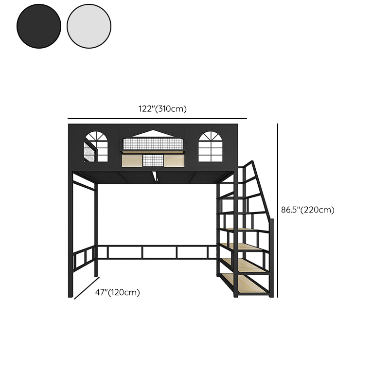 Contemporary Iron Frame Loft Bed with Guardrails and Staircase/Built-In Ladder