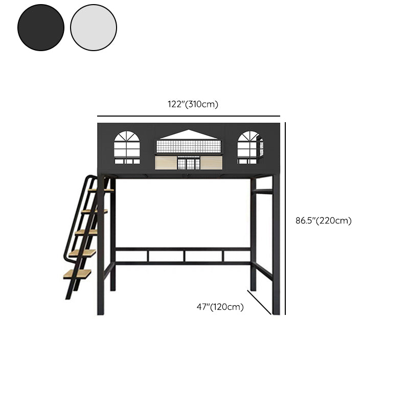 Contemporary Iron Frame Loft Bed with Guardrails and Staircase/Built-In Ladder