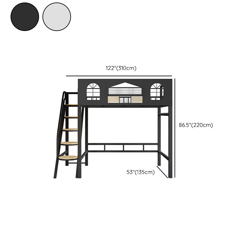 Contemporary Iron Frame Loft Bed with Guardrails and Staircase/Built-In Ladder