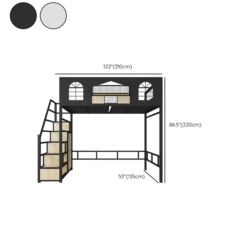 Contemporary Iron Frame Loft Bed with Guardrails and Staircase/Built-In Ladder